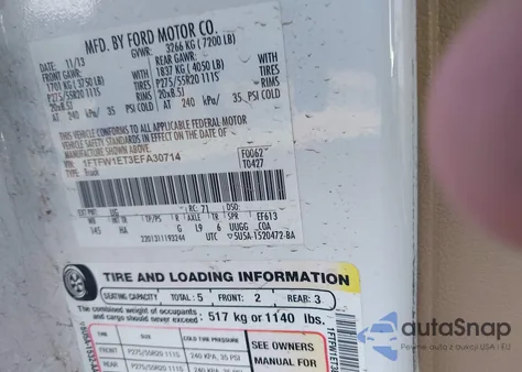 2014 Ford F-150 Lariat z USA, uszkodzony, nr VIN 1FTFW1ET3EFA30714